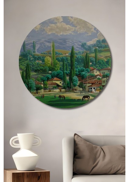 Ahşap Yuvarlak Köy Temalı Dekoratif Yağlı Boya Görünüm Tablo Beyaz fiyatları