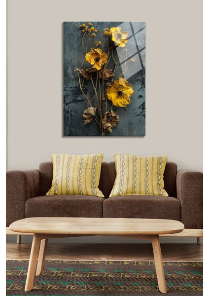 Sarı Kurutulmuş Çiçek Temalı Cam Tablo, Dekoratif ve Estetik Duvar Sanatı fiyatları