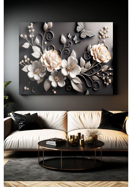 3D Siyah Çiçekler Dekoratif Kanvas Duvar Tablosu, Şık ve Modern Tasarım