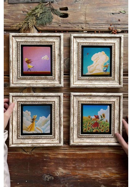 Renkli Taş Tablo Seti, 20X20CM, Duvar Dekoru, 4'lü. Şık ve Canlı Tasarım.