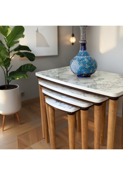 Evim Mobilya Lüks 1. Sınıf Mdf Çift Katlı 4’lü Zigon Sehpa Seti – Beyaz & Ceviz, Modern Tasarım fiyatları