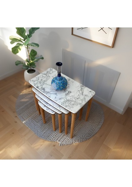 Evim Mobilya Lüks 1. Sınıf Mdf Çift Katlı 4’lü Zigon Sehpa Seti – Beyaz & Ceviz, Modern Tasarım indirimleri