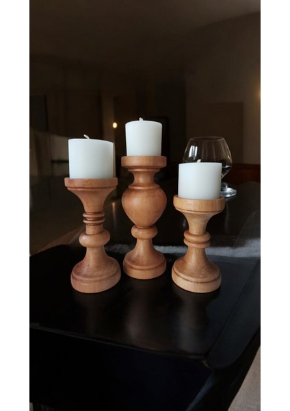 3'lü Renkli Ahşap Dekoratif Şamdan Mumluk Aksesuar