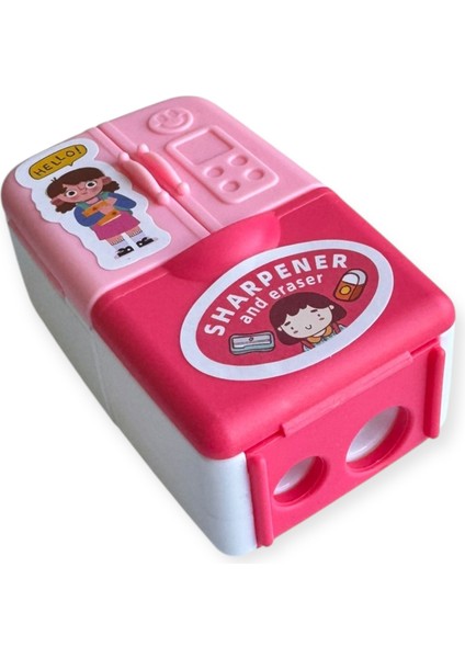 Sevimli Tasarımlı Çift Bıçaklı Kalemtraş ve Silgi Seti, Buzdolabı Şeklinde, Renkli