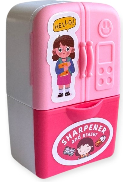 Sevimli Tasarımlı Çift Bıçaklı Kalemtraş ve Silgi Seti, Buzdolabı Şeklinde, Renkli modelleri