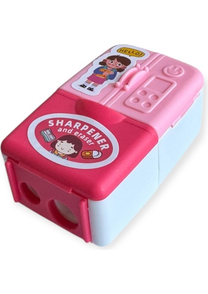 Sevimli Tasarımlı Çift Bıçaklı Kalemtraş ve Silgi Seti, Buzdolabı Şeklinde, Renkli fırsatları