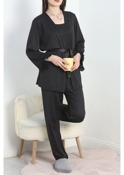 Seka Milan Kumaş 3'lü Set Pijama Takımı Siyah - 70103.1857.