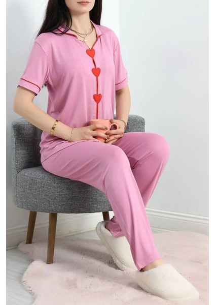 Seka Kalp Nakışlı Biyeli Viskon Pijama Takım Pembe - 40564.1857.