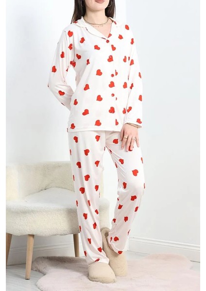 Seka Milan Kumaş Düğmeli Pijama Takımı Beyazkırmızı - 50583.1950.