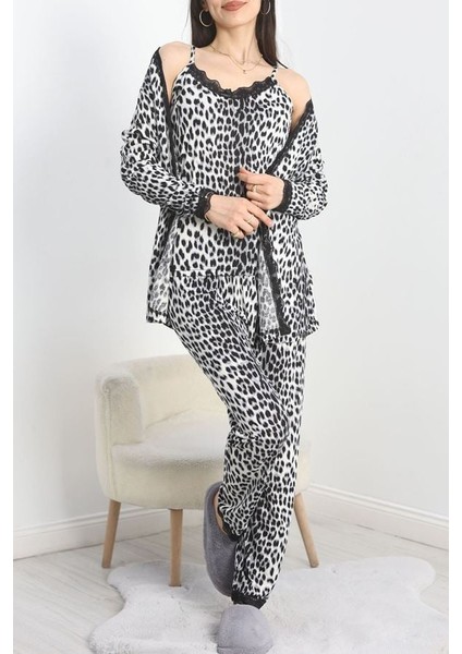 Seka Viskon 3'lü Set Pijama Takımı Siyahleopar - 70099.1050.