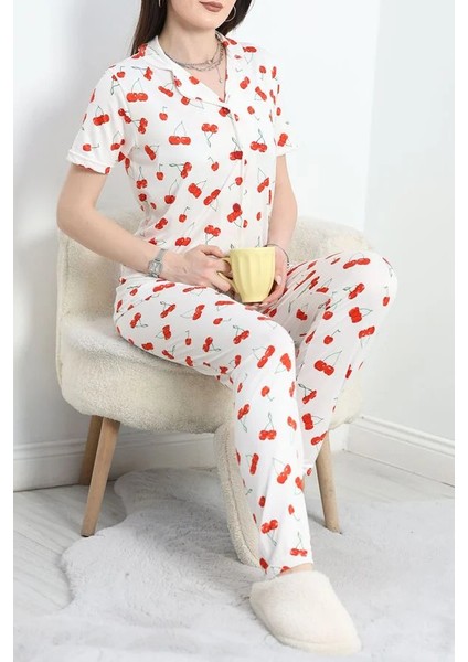 Seka Milan Kumaş Düğmeli Pijama Takımı Beyazkiraz - 50145.1857.