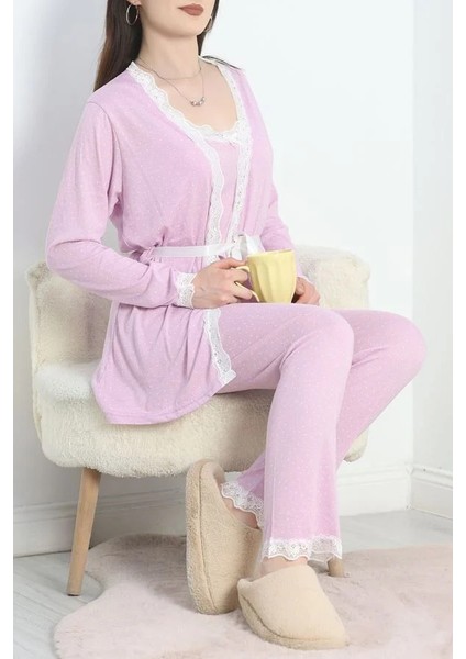Seka Viskon 3'lü Set Pijama Takımı Lilabeyaz - 70099.1050.