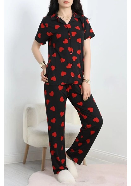 Seka Milan Kumaş Düğmeli Pijama Takımı Siyahkırmızı1 - 750.1287.