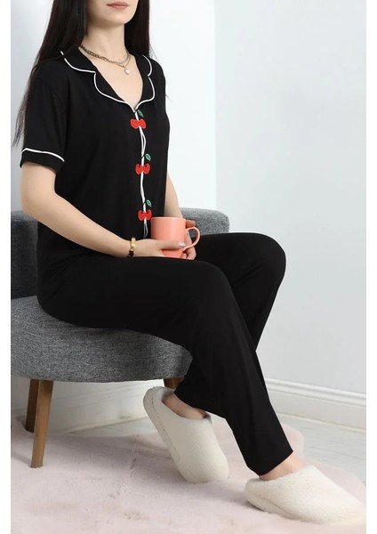 Seka Kiraz Nakışlı Biyeli Viskon Pijama Takımı Siyah - 40562.1857.