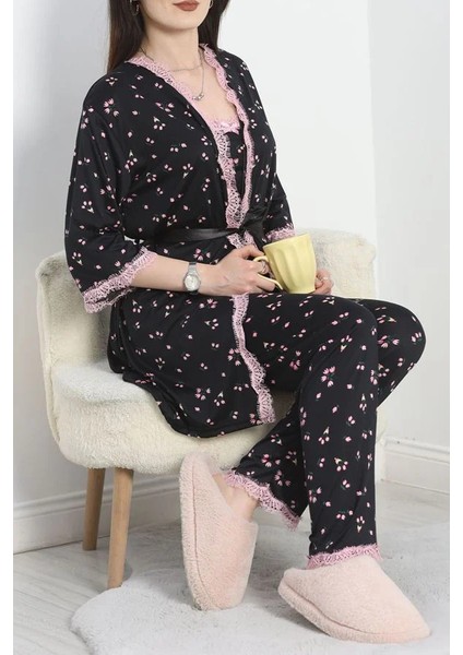 Seka Milan Kumaş Üçlü Pijama Takımı Siyahçiçekli - 50147.1857.