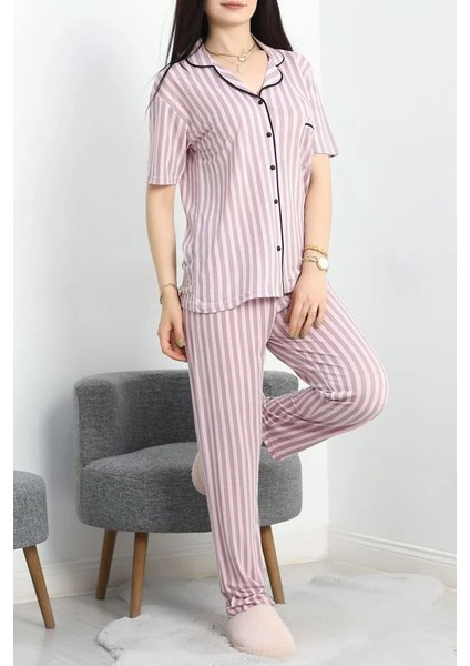 Seka Viskon Düğmeli Pijama Takımı Pembegri - 50682.1048.