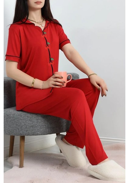 Seka Kiraz Nakışlı Biyeli Viskon Pijama Takımı Kırmızı - 40562.1857.