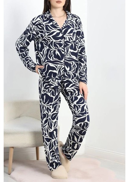 Seka Viskon Düğmeli Pijama Takımı Lacivert - 50689.1902.