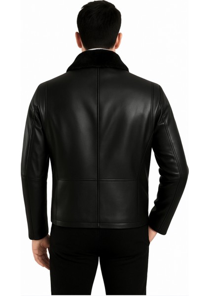 Carlos Hakiki Deri Erkek Siyah Seyyar Kürk Yaka Ceket-Mont modelleri