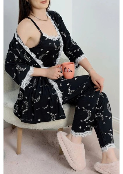 Seka Milan Kumaş 3'lü Pijama Set Siyahay1 - 50147.1857.