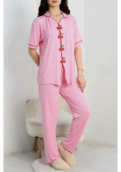 Seka Kiraz Nakışlı Biyeli Viskon Pijama Takımı Pembe - 40562.1857.