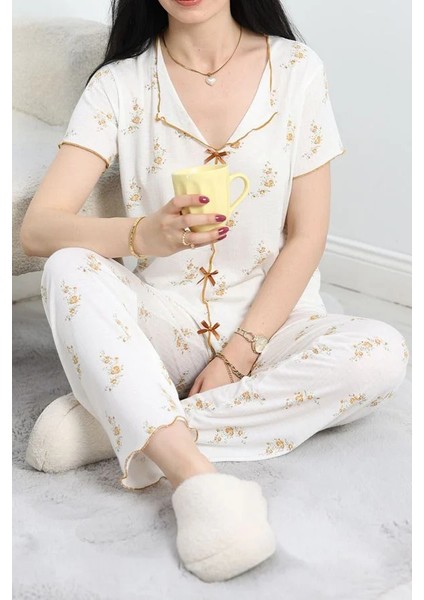 Seka Viskon Pijama Takımı Beyazcamel - 70090.1952.