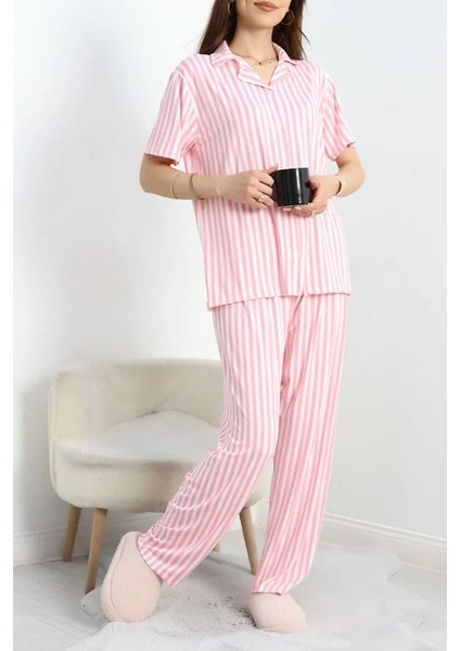 Seka Milan Kumaş Düğmeli Pijama Takımı Pembeçizgili - 750.1287.