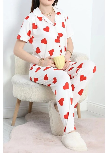 Seka Milan Kumaş Düğmeli Pijama Takımı Beyazkırmızı - 70455.1048.