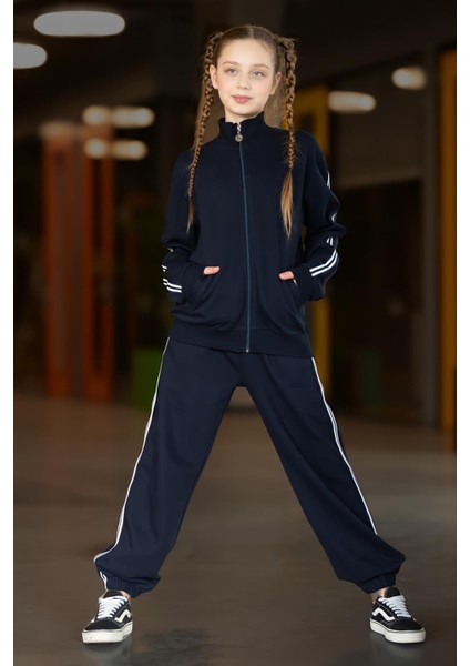 Kız Çocuk Lacivert Çift Şerit Detaylı Eşofman Takımı - Fermuarlı Üst