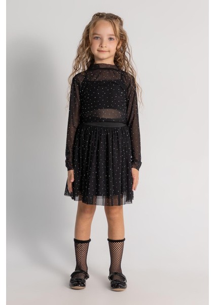 Kız Çocuk Siyah Puantiye Desenli Tül Etekli 3'lü Takım - Uzun Kollu Crop ve Body modelleri