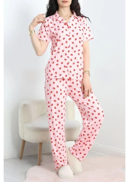 Seka Milan Kumaş Düğmeli Pijama Takımı Pembedudak1 - 750.1287.
