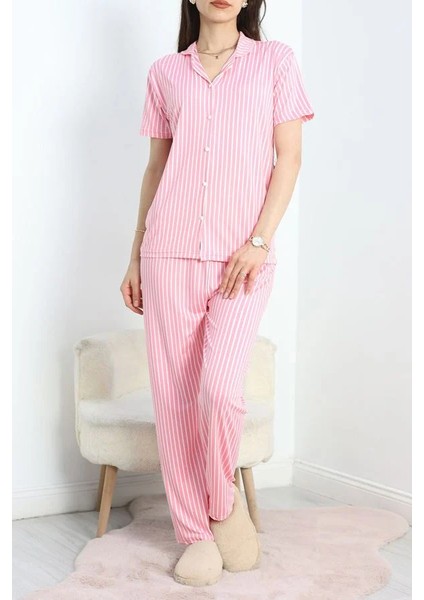 Seka Milan Kumaş Düğmeli Pijama Takımı Pembeçizgili - 70455.1048.
