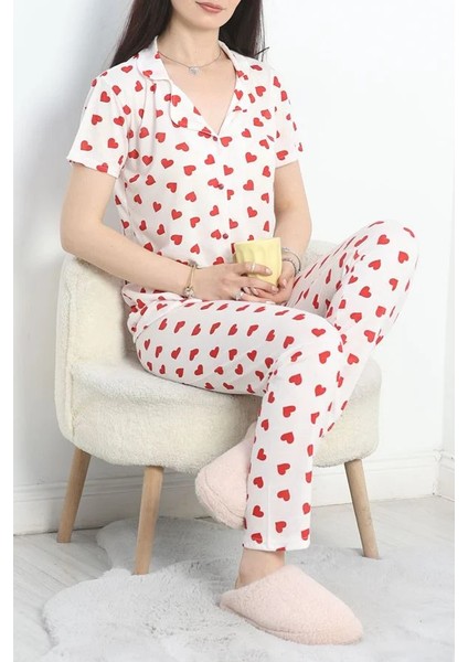 Seka Bamboo Kumaş Düğmeli Pijama Takımı Beyazkırmızı - 50522.1952.