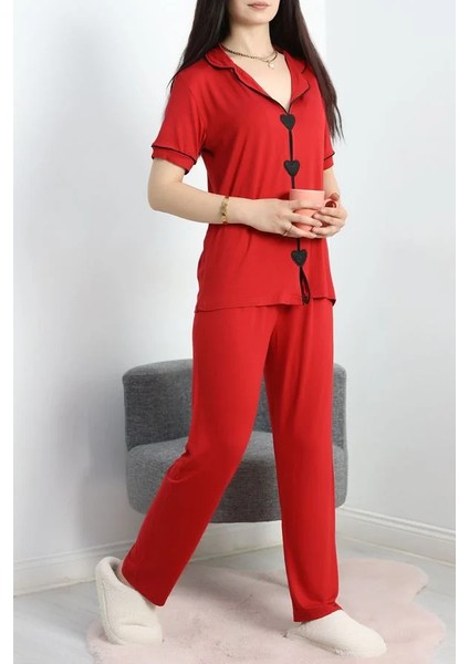Seka Kalp Nakışlı Biyeli Viskon Pijama Takım Kırmızı - 40564.1857.