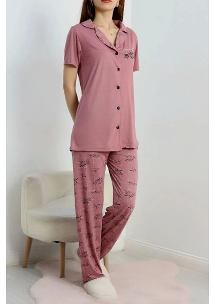 Seka Baskılı Düğmeli Pijama Takım Gülkurusu - 50776.1773.