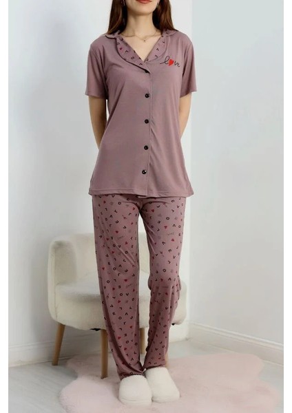 Seka Baskılı Düğmeli Pijama Takım Patlıcanmor - 50776.1773.