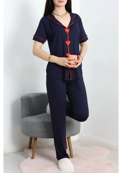 Seka Kalp Nakışlı Biyeli Viskon Pijama Takım Lacivert - 40564.1857.