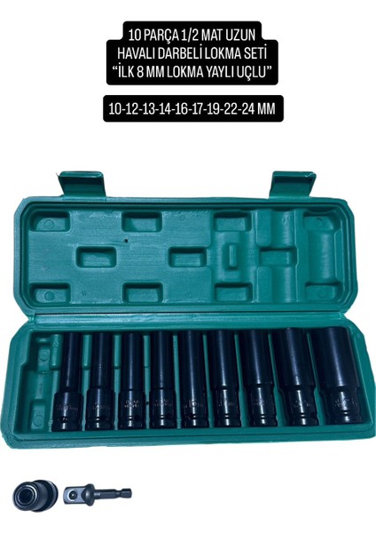 Freed Yeıt 10 Parça 1/2 Mat 6 Köşe Derin Havalı Darbelı Profosyonel Lokma Seti 10-22 Mm Yeşil