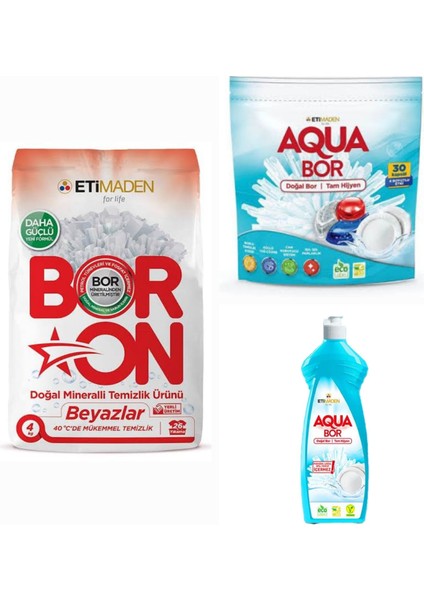 Doğal Mineralli Bulaşık Tableti 30 Kapsül+Boron Toz Deterjan Beyazlar İçin 4 Kg+1 Adet Elde Bulaşık