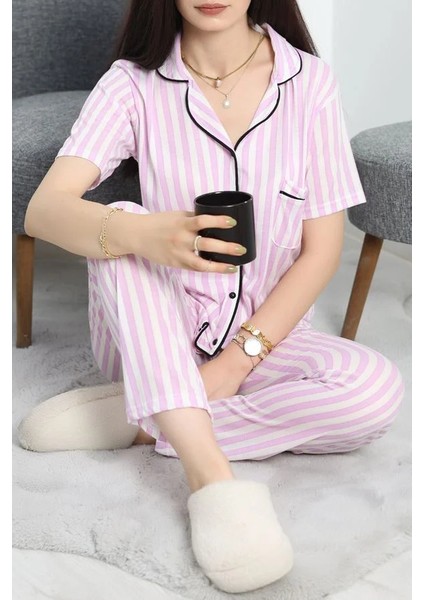 Seka Viskon Düğmeli Pijama Takımı Lilaçizgili - 50682.1048.