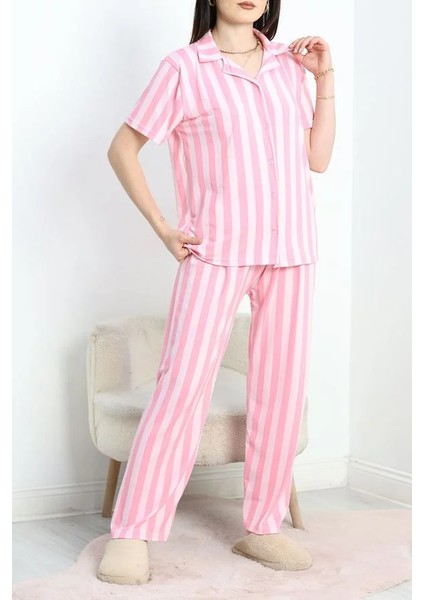Seka Milan Kumaş Düğmeli Pijama Takımı Pembeçizgili1 - 750.1287.