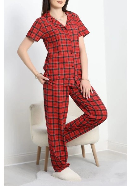 Seka Rotasyon Düğmeli Pijama Takımı Kırmızıekose - 50615.1952.