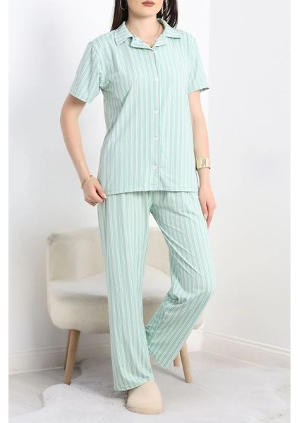 Seka Milan Kumaş Düğmeli Pijama Takımı Yeşilçizgili - 750.1287.