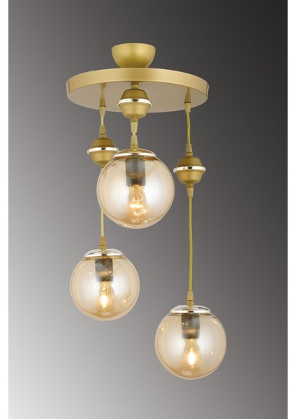 Şık Eskitme 3'lü Bal Glop Top Camlı Krom Sarkıt Avize