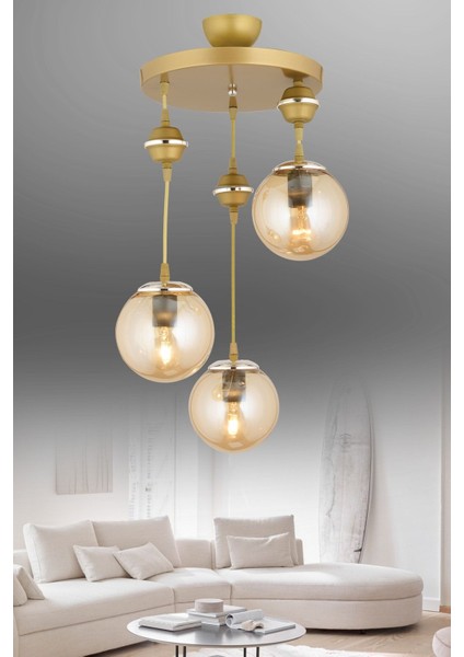 Şık Eskitme 3'lü Bal Glop Top Camlı Krom Sarkıt Avize fiyatları