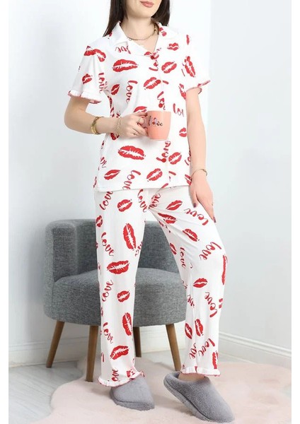 Seka Pegasus Fırfırlı Düğmeli Pijama Takımı Beyazkırmızı - 671.1287.