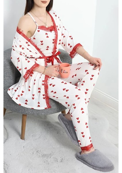 Seka Milan Kumaş 3'lü Pijama Set Beyazkırmızı - 50147.1857.
