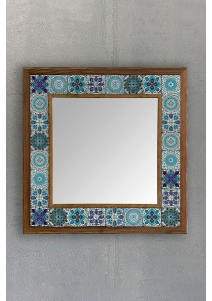 Renkli Mozaik Taşlı Masif Çerçeveli Ayna 43X43 cm