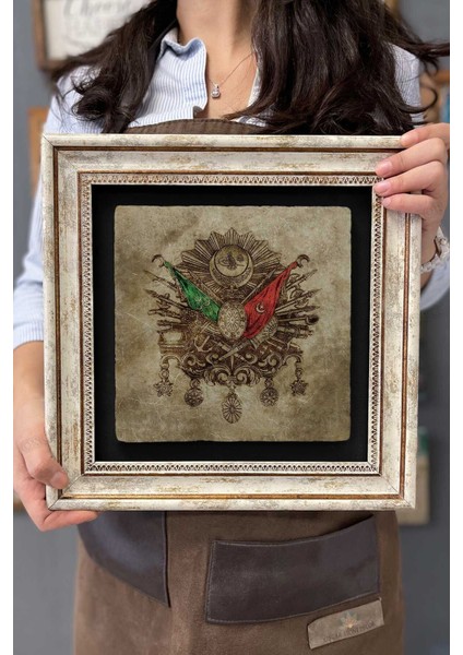 Çerçeveli Taş Duvar Tablosu Osmanlı Tuğrası Eskitme 30X30 cm Çok Renkli