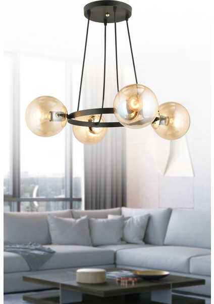 Şık Siyah 4'lü Halka Bal Glop Cam Modern Avize